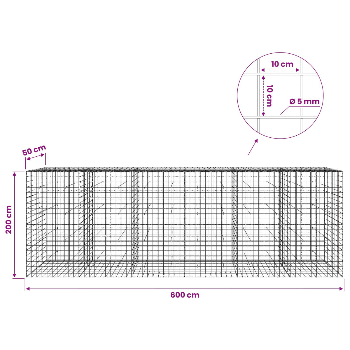 Gabion 5 mm langasta ja 10x10 cm verkosta 600x50x200 cm