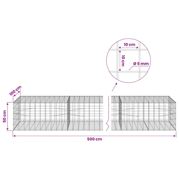 Gabion 5 mm langasta ja 10x10 cm verkosta 500x100x50 cm