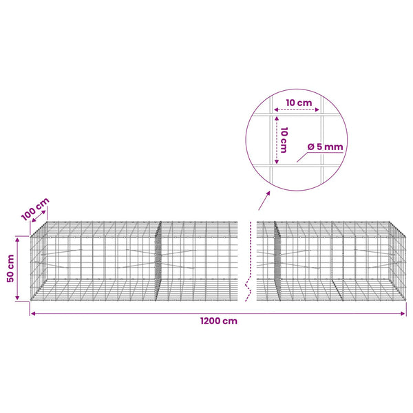 Gabion 5 mm langasta ja 10x10 cm verkosta 1200x100x50 cm