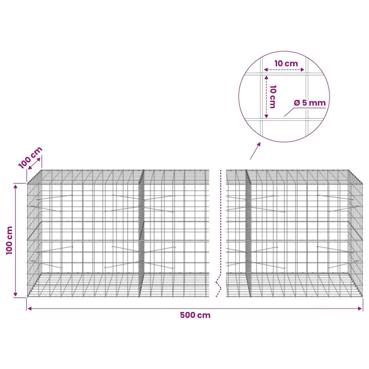 Gabion 5 mm langasta ja 10x10 cm verkosta 500x100x100 cm
