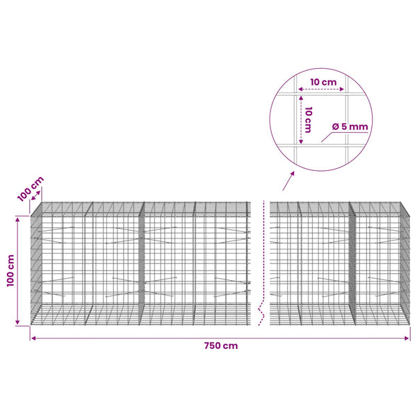 Gabion 5 mm langasta ja 10x10 cm verkosta 750x100x100 cm