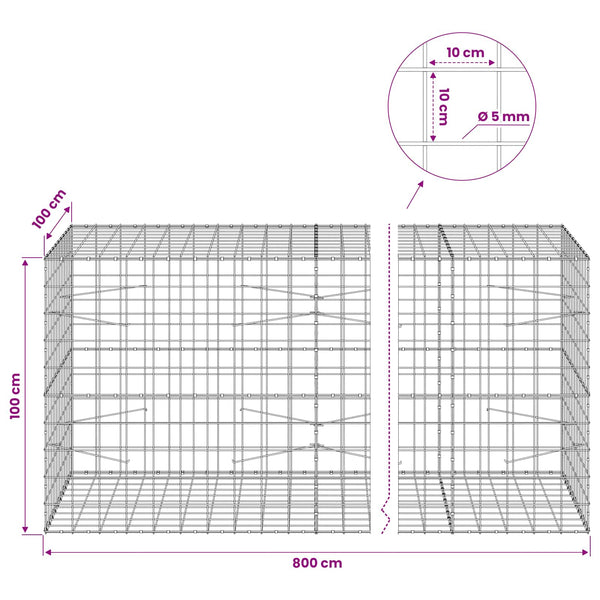 Gabion 5 mm langasta ja 10x10 cm verkosta 800x100x100 cm