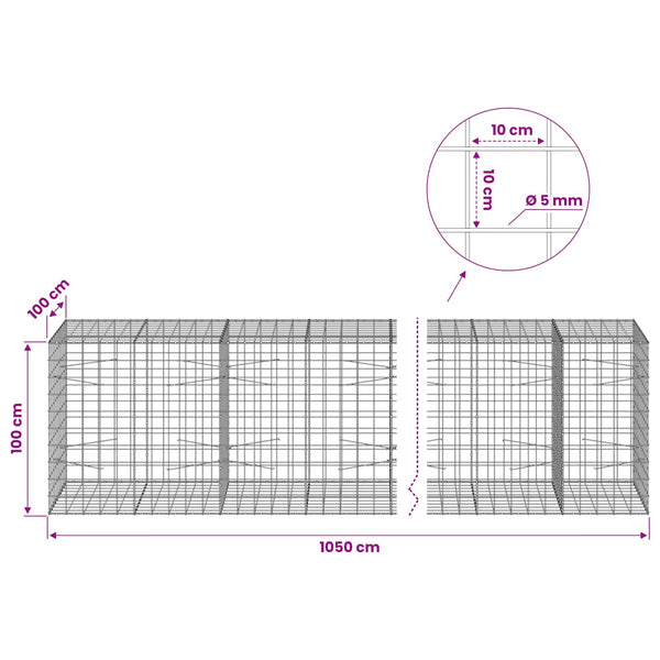 Gabion 5 mm langasta ja 10x10 cm verkosta 1050x100x100 cm