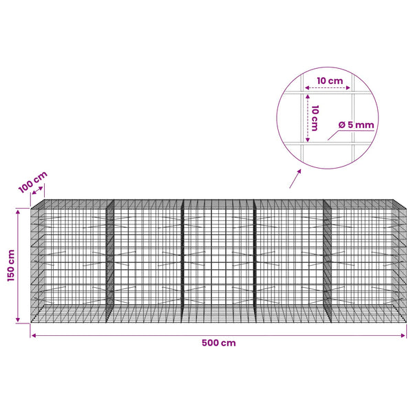 Gabion 5 mm langasta ja 10x10 cm verkosta 500x100x150 cm