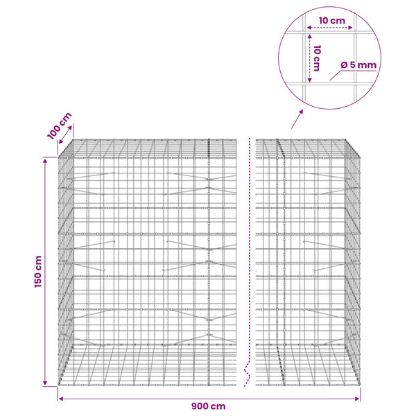 Gabion 5 mm langasta ja 10x10 cm verkosta 900x100x150 cm