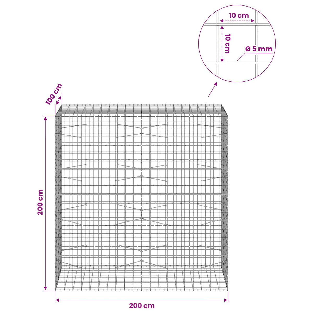 Gabion 5 mm langasta ja 10x10 cm verkosta 200x100x200 cm