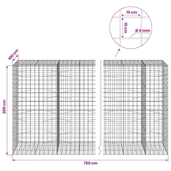 Gabion 5 mm langasta ja 10x10 cm verkosta 750x100x200 cm