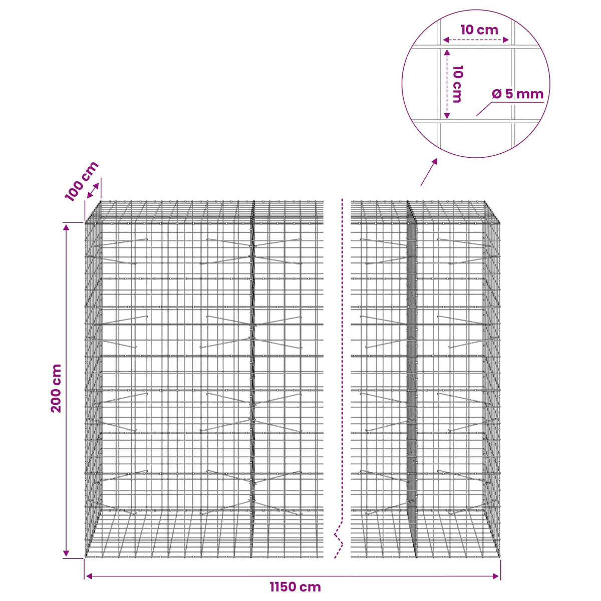 Gabion 5 mm langasta ja 10x10 cm verkosta 1150x100x200 cm