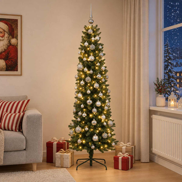 Kapea tekokuusi joulupalloilla 180 cm 300 LEDiä