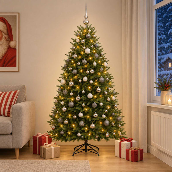 Muovinen joulukuusi koristeilla 210 cm 300 LEDiä