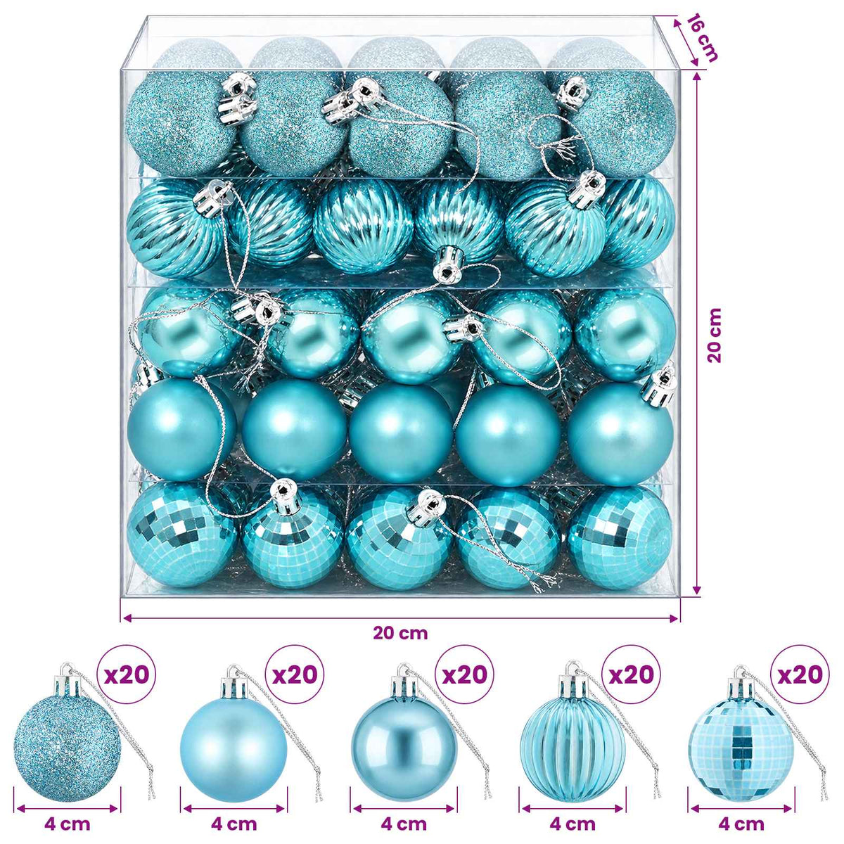 Joulupallosetti 100 kpl Turkoosi 4 cm Polystyreeni