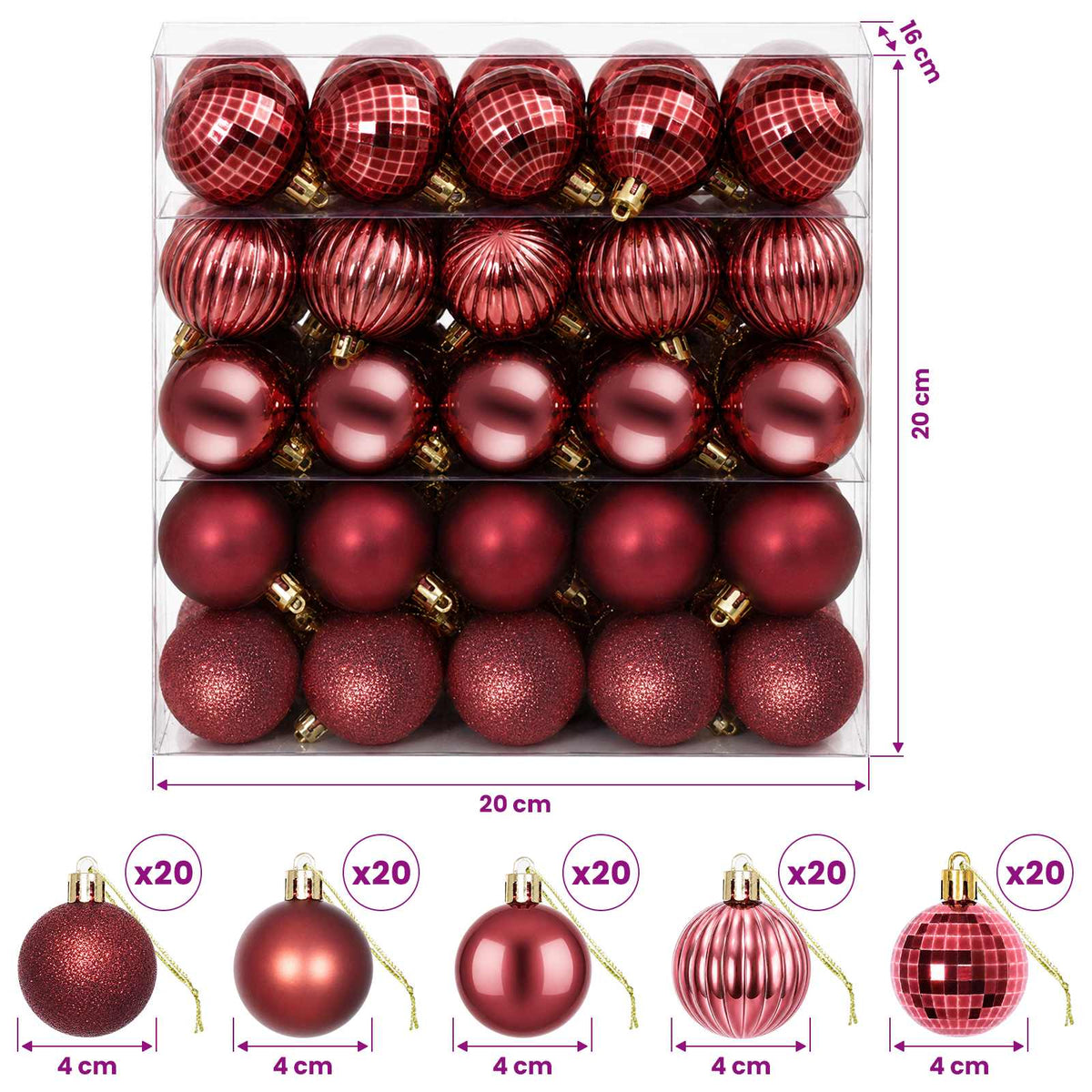 Joulupallosetti 100 kpl Viininpunainen 4 cm Polystyreeni