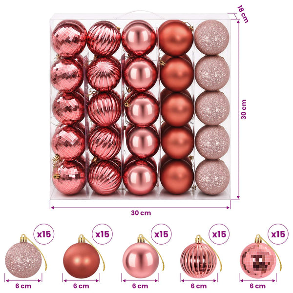 Joulupallosetti 75 kpl Pinkki ja roosa 6 cm Polystyreeni