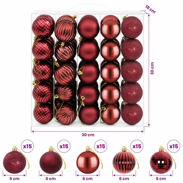 Joulupallosetti 75 kpl Viininpunainen 6 cm Polystyreeni