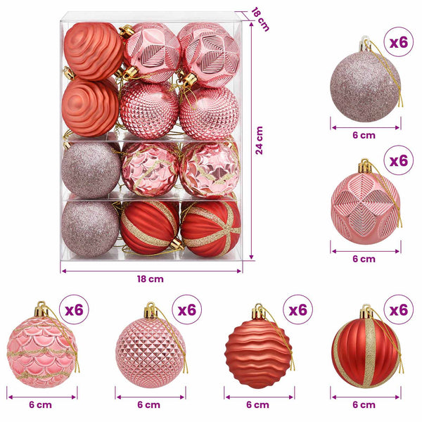 Joulupallosetti 36 kpl Pinkki ja roosa Halk. 6 cm Polystyreeni