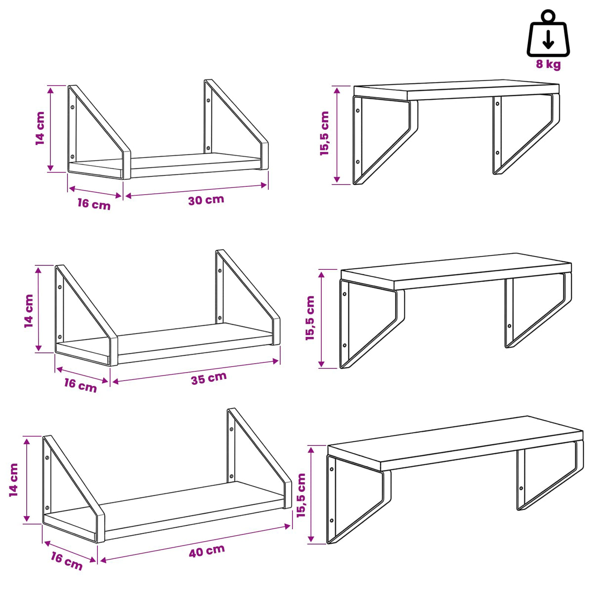 Seinähyllyt 3 kpl Harmaa Sonoma 40 x 16 x 15,5 cm