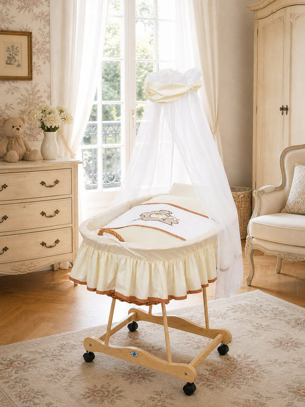 My Sweet Baby - Barnaba Teddy Bear -rottinkinen Mooseskori verhoilla, luonnollinen + kermanvärinen vuodevaatesetti