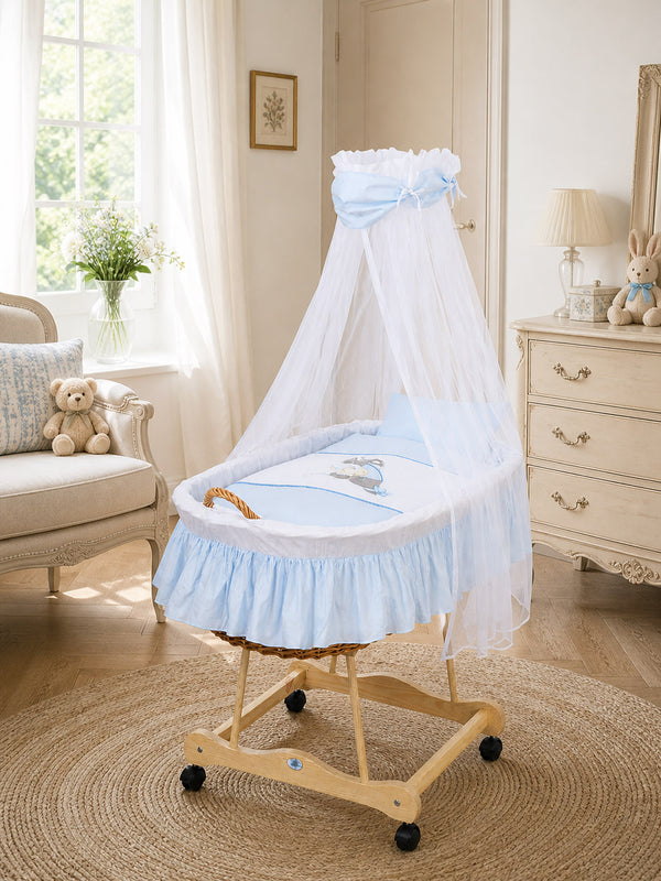 My Sweet Baby - Luca aasin Moses-kori pajusta verhoiltu kehto - luonnollinen + sininen vuodevaatteet