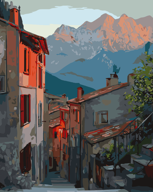 Mountain Village Sunset – Paint By Numbers