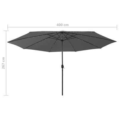 Aurinkovarjo LED-valot ja metallitanko 400 cm antrasiitti