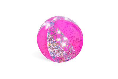 Vaaleanpunainen rantapallo, halkaisija 41cm, jossa on kimaltavaa glitteriä.