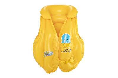 Bestway Swim Safe Step C -kamizelka on keltainen uimapatja, jossa on siniset reunukset ja musta hihna. Kamizelka on kooltaan 51cm x 46cm ja sopii hyvin lapsille oppimaan uimaan.