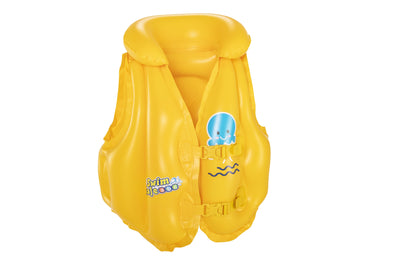 Bestway 32034 -kamizelka lapsille uimaopetukseen. Keltainen uima-apuväline, jossa on siniset nauhat ja kuvioitu pinta. Kamizelka on kooltaan 51cm x 46cm.