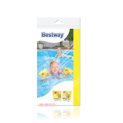 Bestway 32043 -merkin 9 x 62,3 cm x 15 cm kilpikonna-uintikäsivarsinauhat. Kuvassa vaaleanpunaiset uimavaatteet, joissa on kilpikonnamuotoiset käsivarsinauhat.