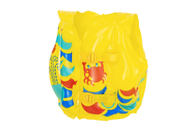 Bestway 32069 -kamizelka lapsen uintiharjoitteluun. Keltainen kamizelka, jossa siniset ja vihreät raidat sekä eläinkuviointi. Koko 41 cm x 30 cm.