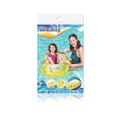 Kuva kelluvasta keltaisesta Bestway-lautasta, mitat 102 cm x 69 cm.
