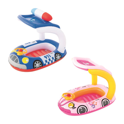 Pinkki ja sininen Bestway 34103 -vene, jossa on katos.