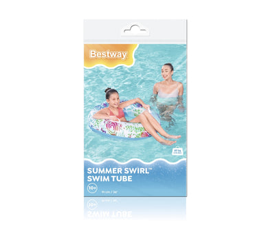Vihreä ja sininen Bestway 36084 ilmapatja uimista varten, halkaisija 91 cm, kahvoilla varustettuna.