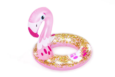 Bestway 36306 -merkkinen kirkasvärisellä brokaatilla koristeltu flamingo uima-alusta, koko 61cm x 61cm.