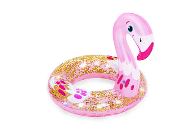 Bestway 36306 -uima-alusta, halkaisijaltaan 61 cm x 61 cm, pinkillä flamingokuviolla ja kimaltelevalla pinnalla.
