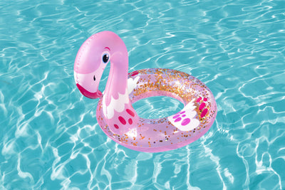 Bestway 36306 -uima-alusta, halkaisija 61 cm. Vaaleanpunainen flamingokuviointi, koristeltu kimaltelevilla paljeteilla.