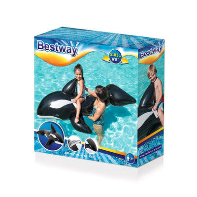 Bestway 41009 -dmuchana orka, mitat 203 cm x 102 cm, sinivalkoraidallinen uima-allas leikkikahvalla.