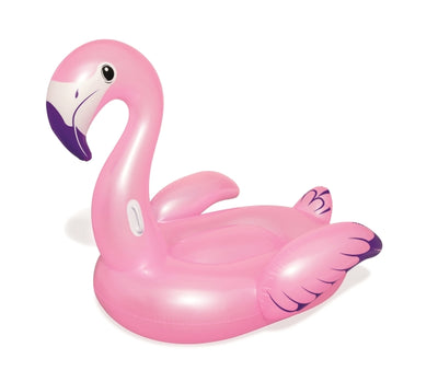 Pinkki flamingo-uimarengas, jossa on suloinen ilme. Uimarenkaan koko on 173cm x 170cm.