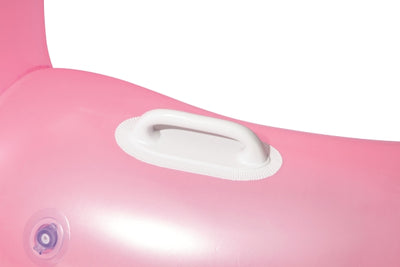Bestway 41119 -dmuchany flamingo uima-allaslelu, mitat 173cm x 170cm. Tuote on vaaleanpunainen ja siinä on kaksi ilmatäytteistä renkaista ja siivekkäät kuviosulat.