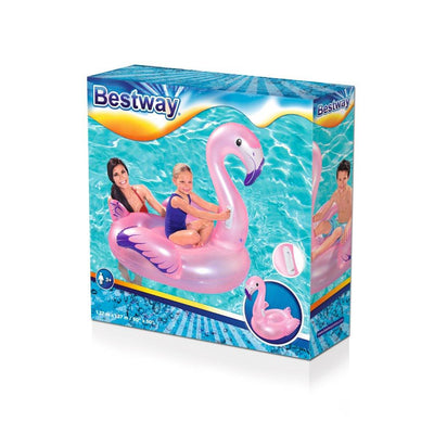 Bestwayn 41122 ilmatäytteinen flamingo uima-alusta, koko 127cm x 127cm, vaaleanpunainen ja keltainen.