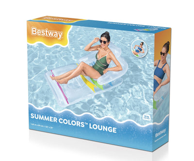 Kuvassa on läpinäkyvä Bestway 43011 -ilmapatja, jossa on selkänoja ja käsinojat. Patja on taitettava ja mitoiltaan 165 cm x 84 cm.