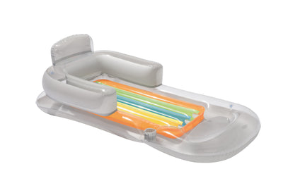 Bestway 43028 -dmuchany rantapatja hopeanvärisellä pohjalla. Mitat 161 cm x 84 cm, varustettu selkänojalla ja käsinojilla.