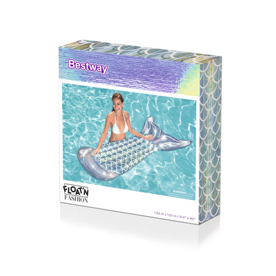 Kuvassa on Bestway-merkkinen 193cm x 101cm kokoinen sinisen ja vaaleanpunaisen sävyinen merenneitomuotoinen ilmapatja.