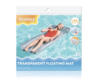 Kuvassa on Bestway-merkkinen läpinäkyvä ja harmaa ilmapatja, joka on mitoiltaan 183cm x 76cm.