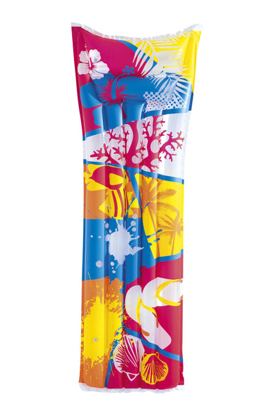 Valkoinen, ilmapuhallettava rantapatja, mitat 183cm x 69cm.
