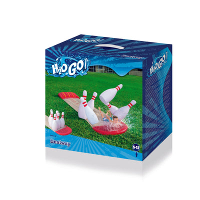 Bestway H2OGO Slide-n-Splash -vesiliukumäki ja -keilailuallas, jossa on kaksi liukumäkeä, keilailuradat ja vesilelut.