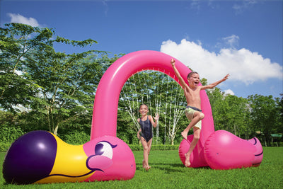 Suuri flamingo-aiheinen ulkopuutarhasuihkuallas, mitat 340m x 110m x 193m.