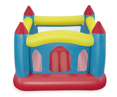 Bestway 52647 -dmuchany zamek do skakania Royal Leap Bouncer. Kuvassa on sinivalkoinen ja punainen ilmapatjalla varustettu hyppynenä, jossa on liukumäki ja pallomeri. Mitat 1,75m x 1,73m x 1,27m.