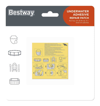 Bestway 62091 -korjaussarja vesitiiviille kankaalle. Pakkauksessa 10 kpl 65cm x 65cm kokoisia korjaustarroja.