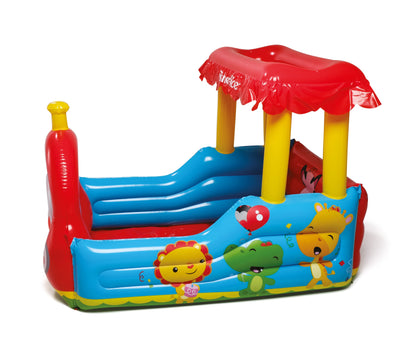 Bestway 93503 -junapalloallas, mitat 52cm x 37cm x 35cm. Sininen ja keltainen pallomainen allas, jossa junateemainen kuvitus.