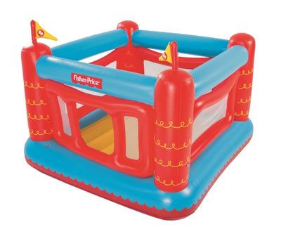 Bestway Fisher-Price -brändin ilmapuhallettava linna trampoliinilla. Koko: 175 cm x 173 cm x 135 cm.
